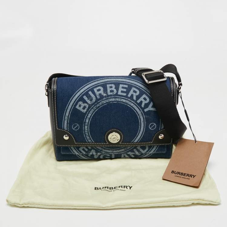 Pre Owned Burberry Blue/Black Denim And Leather Medium Note Logo Print Crossbody Bag