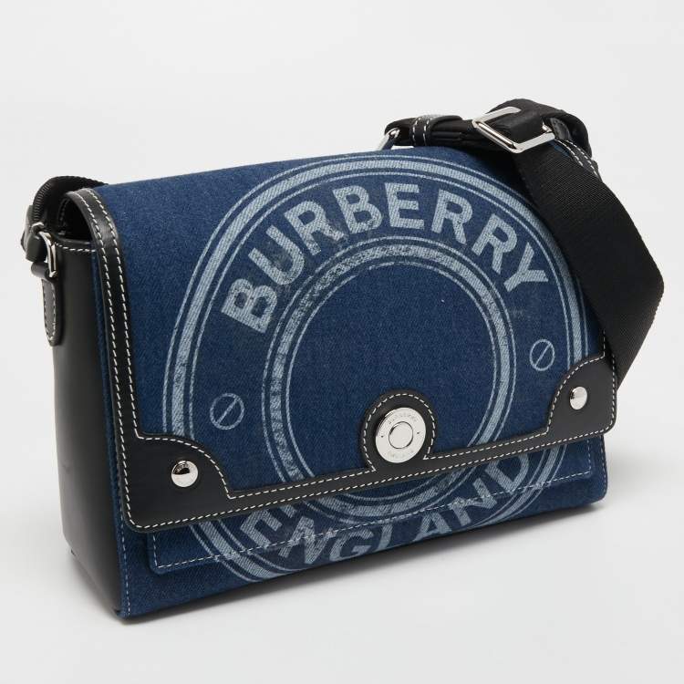Pre Owned Burberry Blue/Black Denim And Leather Medium Note Logo Print Crossbody Bag