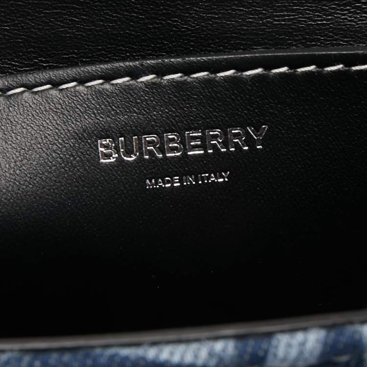Pre Owned Burberry Blue/Black Denim And Leather Medium Note Logo Print Crossbody Bag