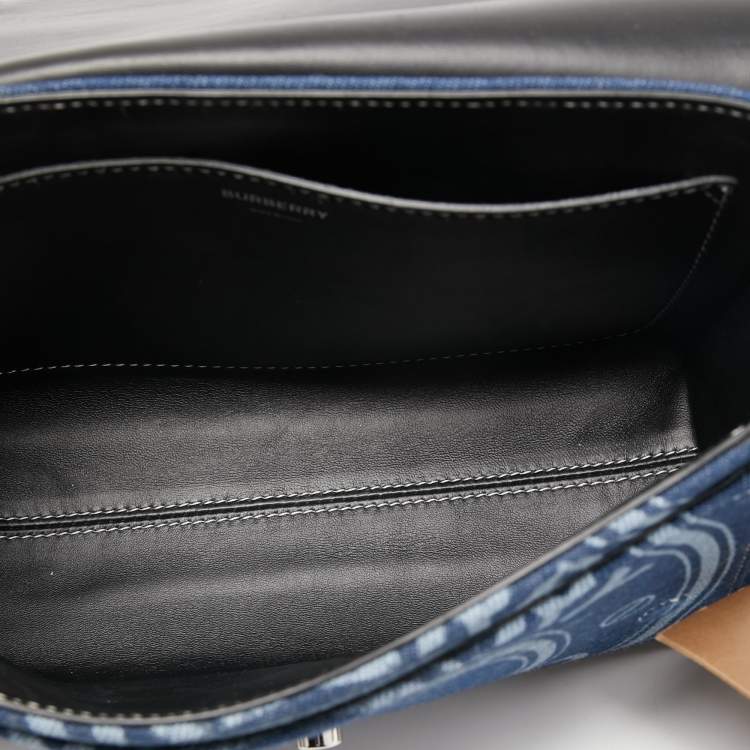 Pre Owned Burberry Blue/Black Denim And Leather Medium Note Logo Print Crossbody Bag