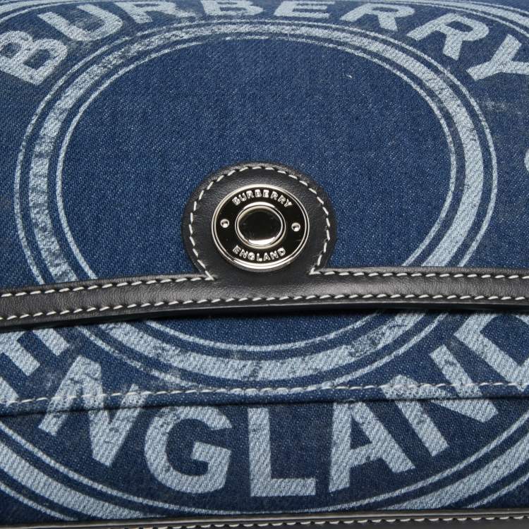 Pre Owned Burberry Blue/Black Denim And Leather Medium Note Logo Print Crossbody Bag