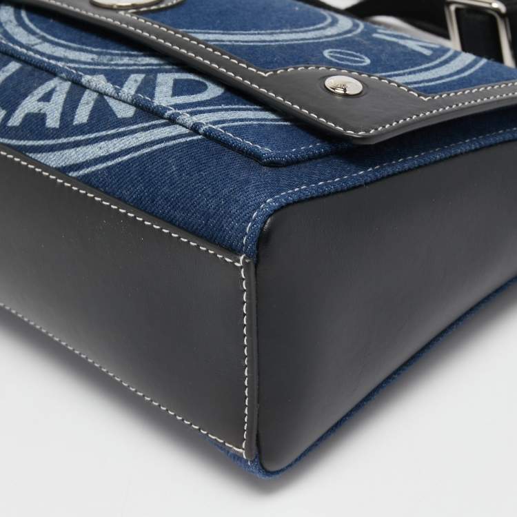 Pre Owned Burberry Blue/Black Denim And Leather Medium Note Logo Print Crossbody Bag