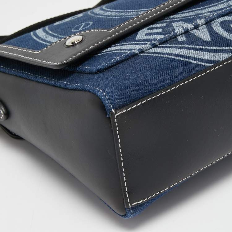 Pre Owned Burberry Blue/Black Denim And Leather Medium Note Logo Print Crossbody Bag