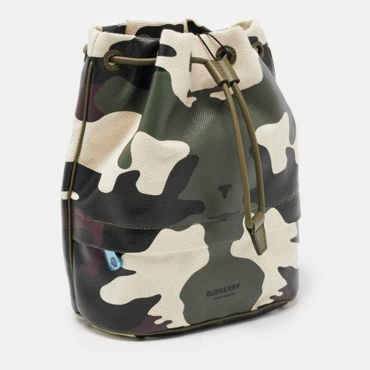 Pre Owned Burberry Green Camouflage Coated and Canvas Phoebe Drawstring Pouch