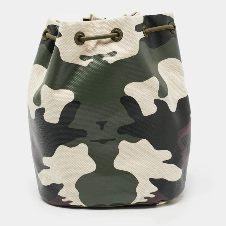 Pre Owned Burberry Green Camouflage Coated and Canvas Phoebe Drawstring Pouch