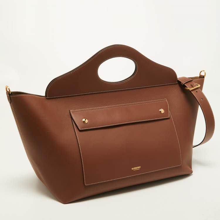 Pre Owned Burberry Tan Leather Medium Soft Pocket Tote