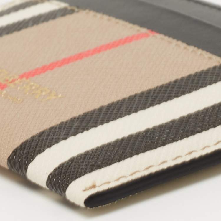 Pre Owned Burberry Beige/Black Icon Stripe Coated Canvas and Leather Card Holder