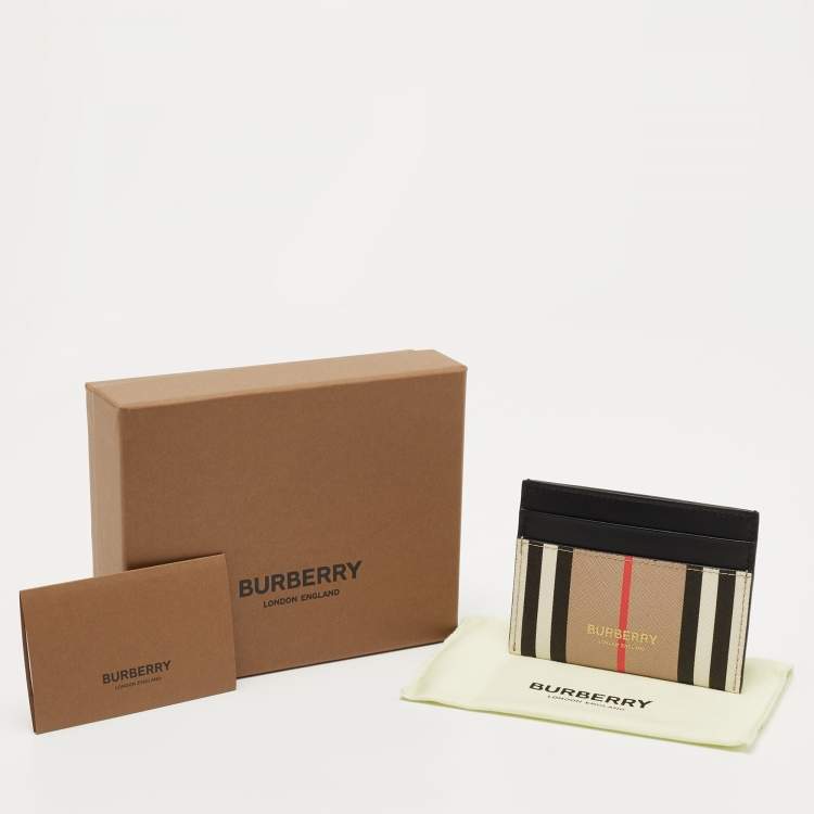 Pre Owned Burberry Beige/Black Icon Stripe Coated Canvas and Leather Card Holder