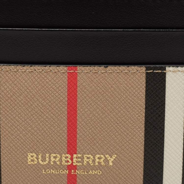 Pre Owned Burberry Beige/Black Icon Stripe Coated Canvas and Leather Card Holder