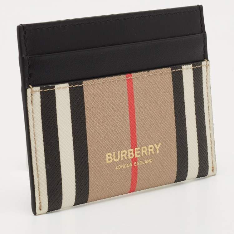 Pre Owned Burberry Beige/Black Icon Stripe Coated Canvas and Leather Card Holder