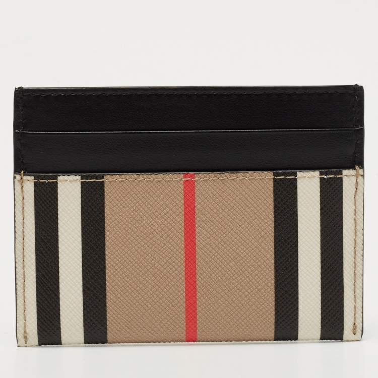 Pre Owned Burberry Beige/Black Icon Stripe Coated Canvas and Leather Card Holder