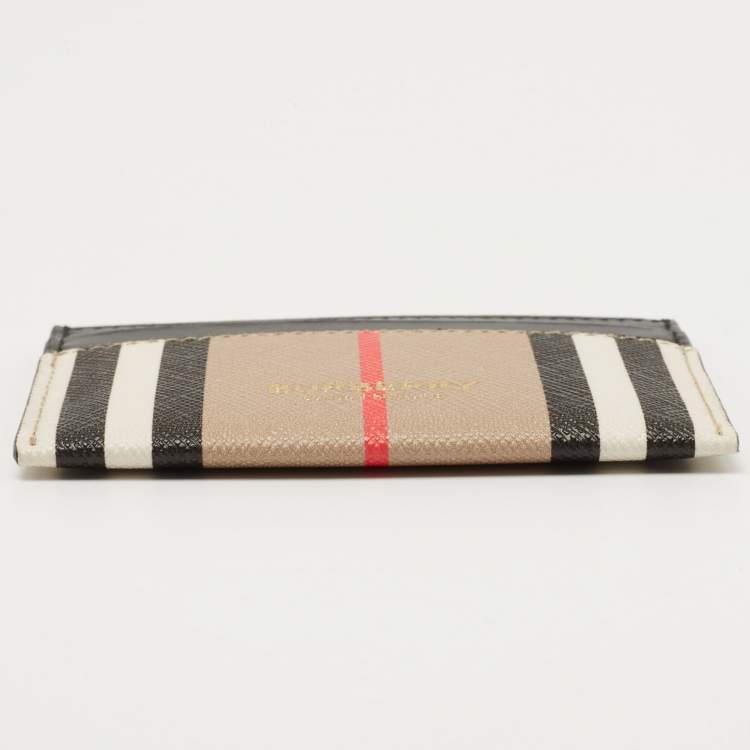 Pre Owned Burberry Beige/Black Icon Stripe Coated Canvas and Leather Card Holder