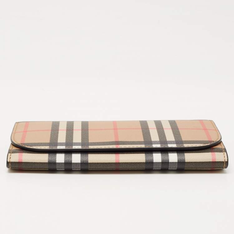 Pre Owned Burberry Beige House Check Coated Canvas Flap Continental Wallet