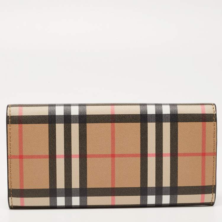 Pre Owned Burberry Beige House Check Coated Canvas Flap Continental Wallet