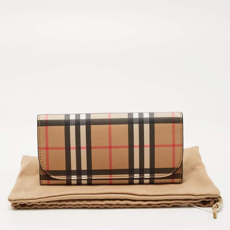 Pre Owned Burberry Beige House Check Coated Canvas Flap Continental Wallet