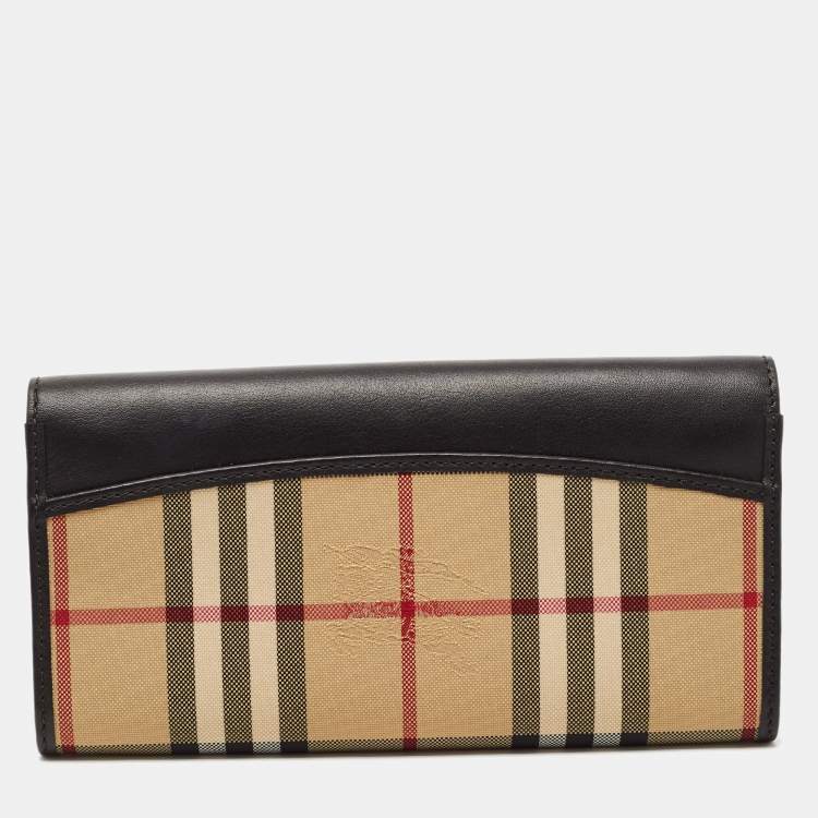 Pre Owned Burberry Black/Beige House Check Canvas and Leather Flap Continental Wallet