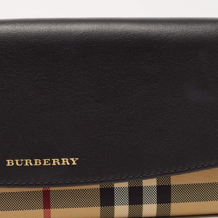 Pre Owned Burberry Black/Beige House Check Canvas and Leather Flap Continental Wallet