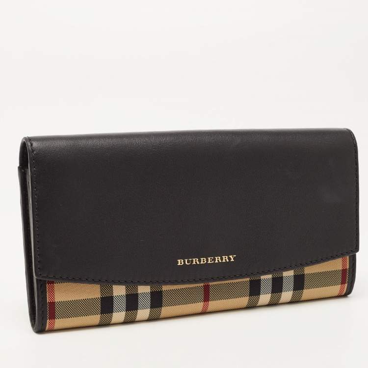 Pre Owned Burberry Black/Beige House Check Canvas and Leather Flap Continental Wallet