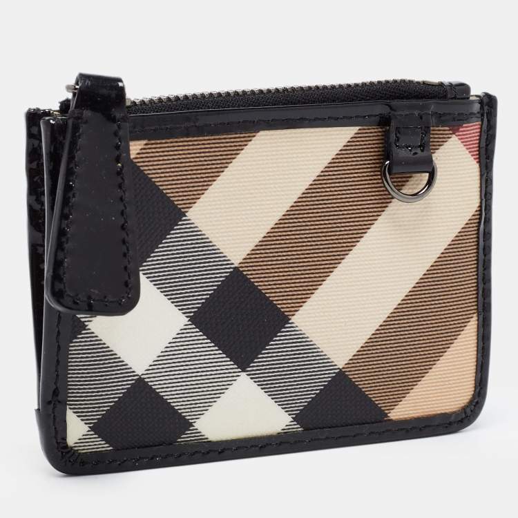 Pre Owned Burberry Black/Beige PVC Nova Check and Patent Leather Zip Coin Purse