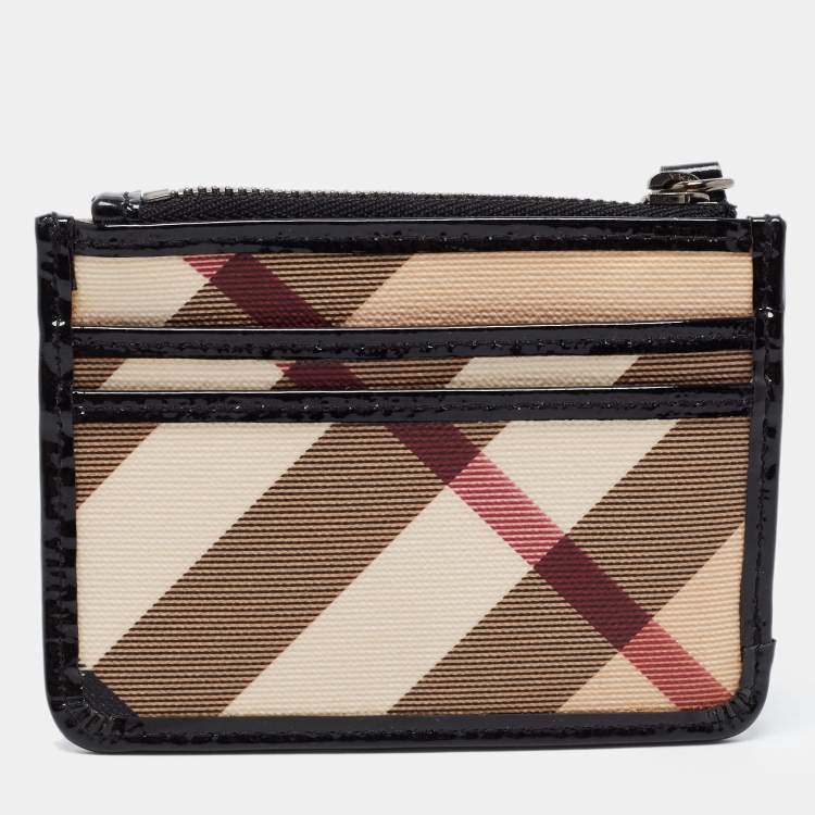 Pre Owned Burberry Black/Beige PVC Nova Check and Patent Leather Zip Coin Purse