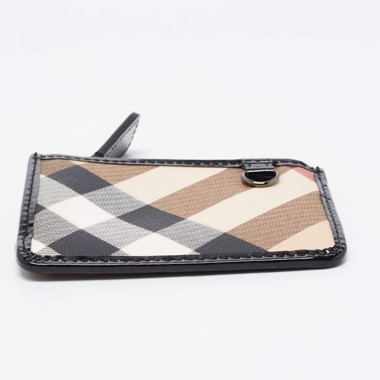 Pre Owned Burberry Black/Beige PVC Nova Check and Patent Leather Zip Coin Purse