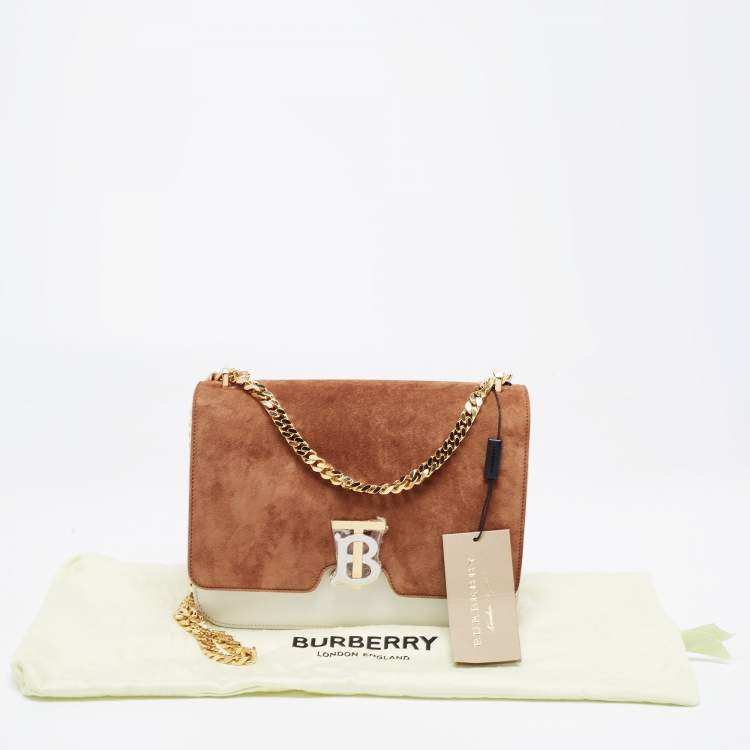 Pre Owned Burberry Brown/White Suede and Leather Medium TB Shoulder Bag