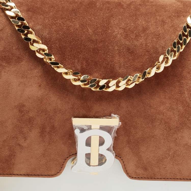 Pre Owned Burberry Brown/White Suede and Leather Medium TB Shoulder Bag