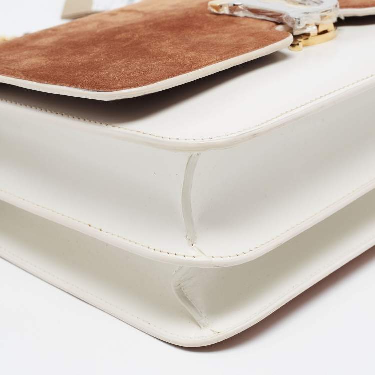 Pre Owned Burberry Brown/White Suede and Leather Medium TB Shoulder Bag