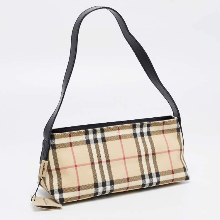 Pre Owned Burberry Black/Beige House Check PVC and Leather Monroe Shoulder Bag