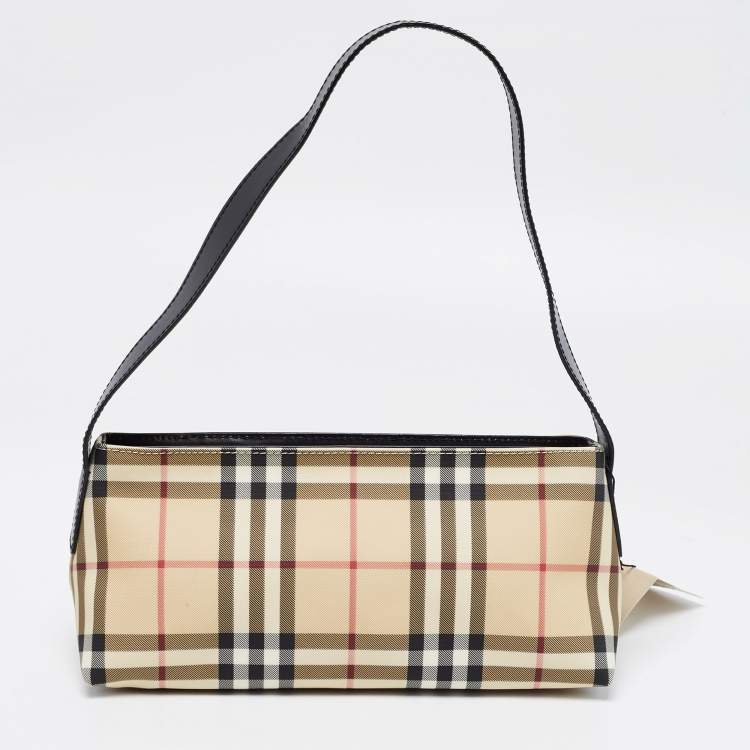 Pre Owned Burberry Black/Beige House Check PVC and Leather Monroe Shoulder Bag