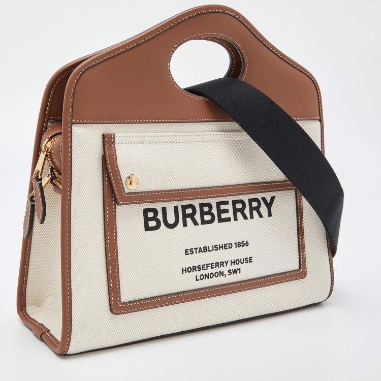 Pre Owned Burberry Brown/Beige Canvas and Leather Small Pocket Tote