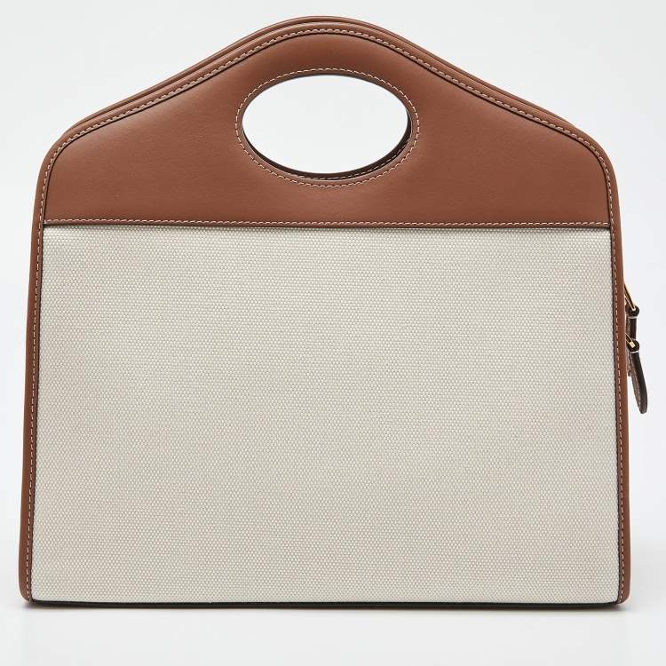 Pre Owned Burberry Brown/Beige Canvas and Leather Small Pocket Tote