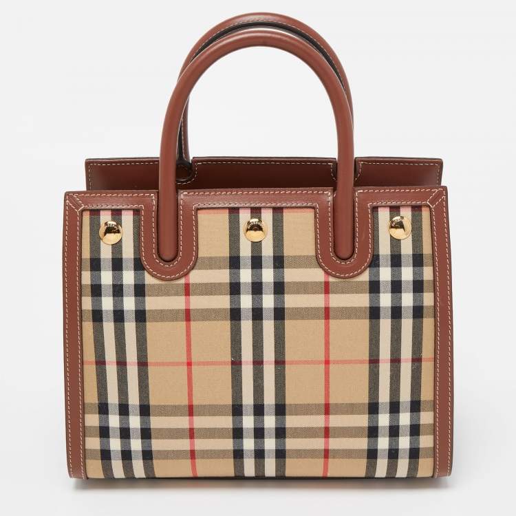 Pre Owned Burberry Brown/Beige Vintage Check Canvas and Leather Mini Title Tote