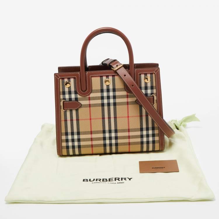 Pre Owned Burberry Brown/Beige Vintage Check Canvas and Leather Mini Title Tote