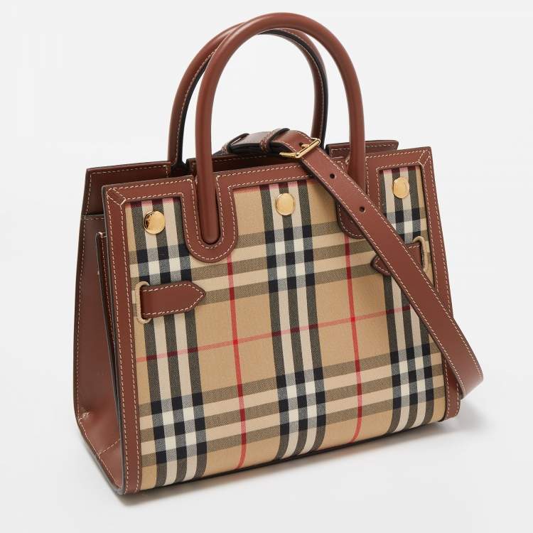 Pre Owned Burberry Brown/Beige Vintage Check Canvas and Leather Mini Title Tote