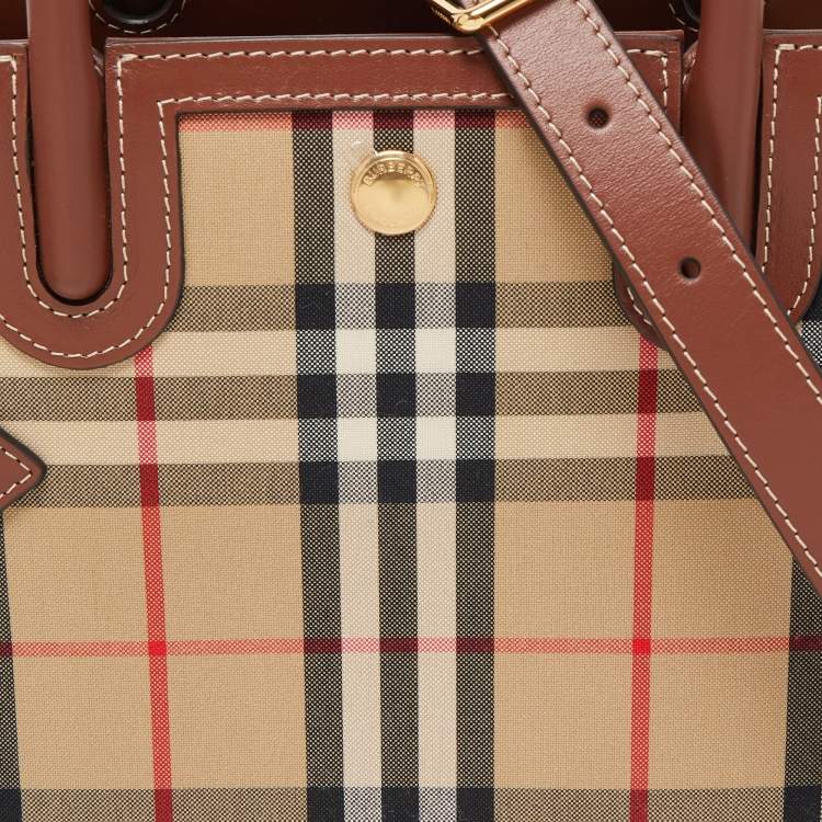 Pre Owned Burberry Brown/Beige Vintage Check Canvas and Leather Mini Title Tote