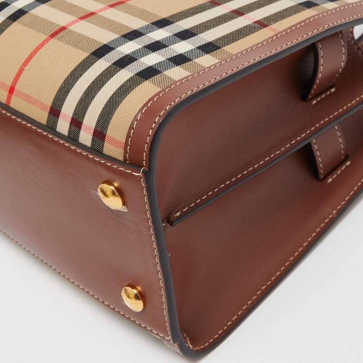 Pre Owned Burberry Brown/Beige Vintage Check Canvas and Leather Mini Title Tote