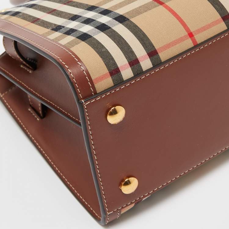 Pre Owned Burberry Brown/Beige Vintage Check Canvas and Leather Mini Title Tote