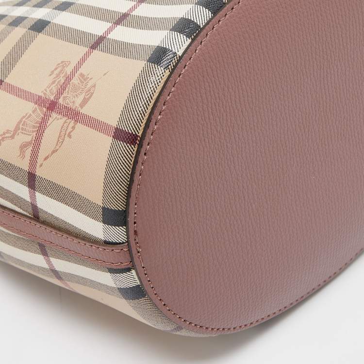 Pre Owned Burberry Beige Haymarket Check Coated Canvas and Leather Lorne Bucket Bag