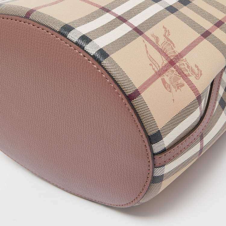 Pre Owned Burberry Beige Haymarket Check Coated Canvas and Leather Lorne Bucket Bag