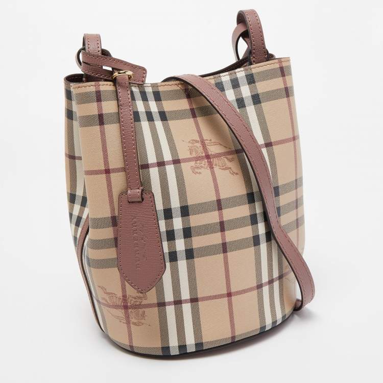 Pre Owned Burberry Beige Haymarket Check Coated Canvas and Leather Lorne Bucket Bag