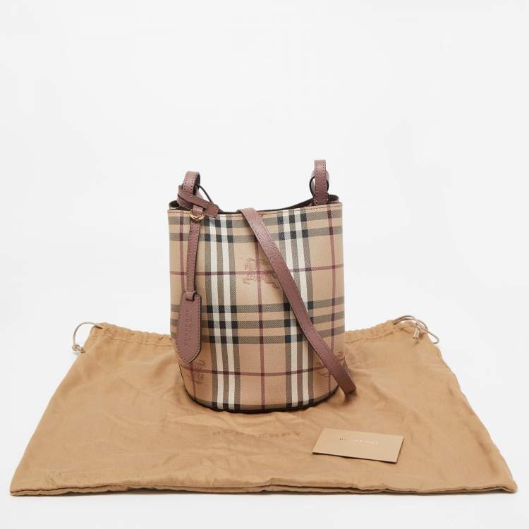 Pre Owned Burberry Beige Haymarket Check Coated Canvas and Leather Lorne Bucket Bag