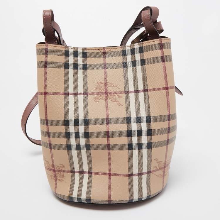 Pre Owned Burberry Beige Haymarket Check Coated Canvas and Leather Lorne Bucket Bag