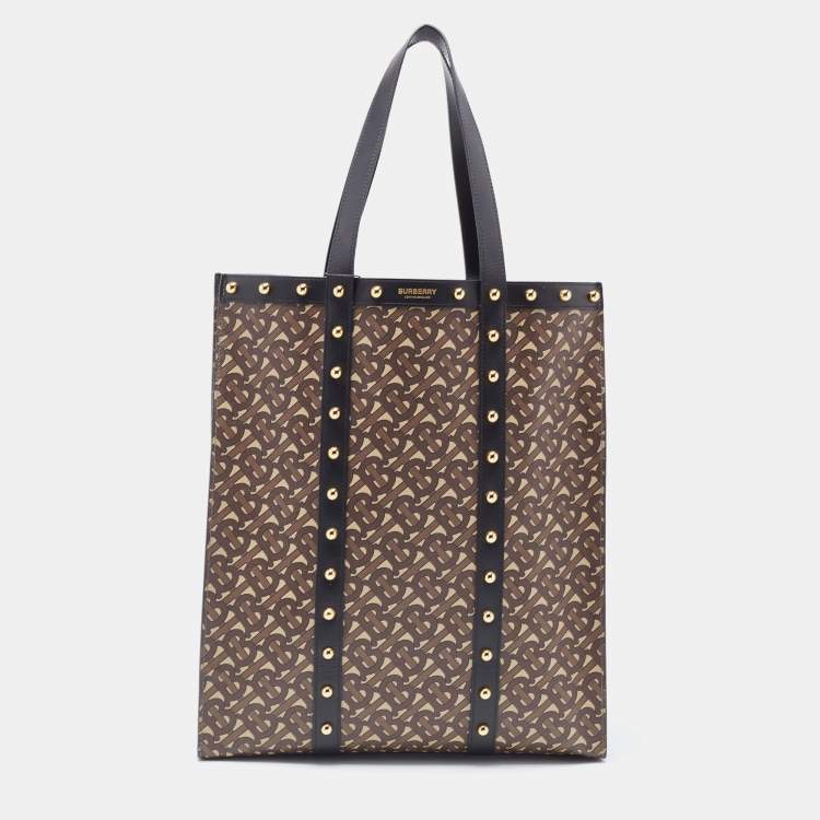 Pre Owned Burberry Brown/Black Monogram Coated Canvas And Leather Studded Book Tote 
