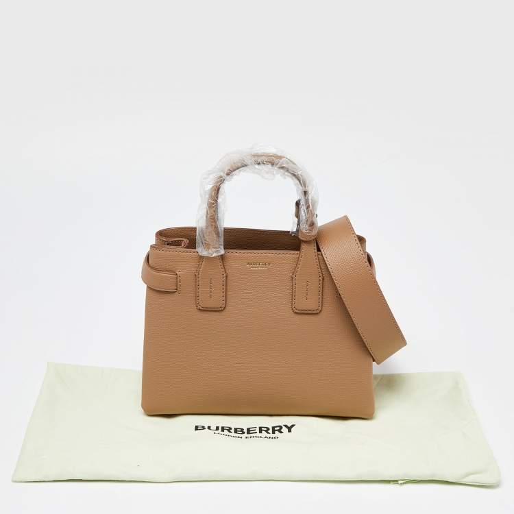 Pre Owned Burberry Beige Leather and House Check Fabric Small Banner Derby Tote