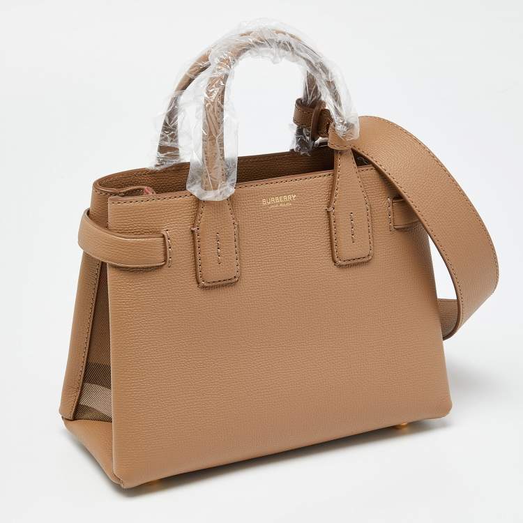 Pre Owned Burberry Beige Leather and House Check Fabric Small Banner Derby Tote