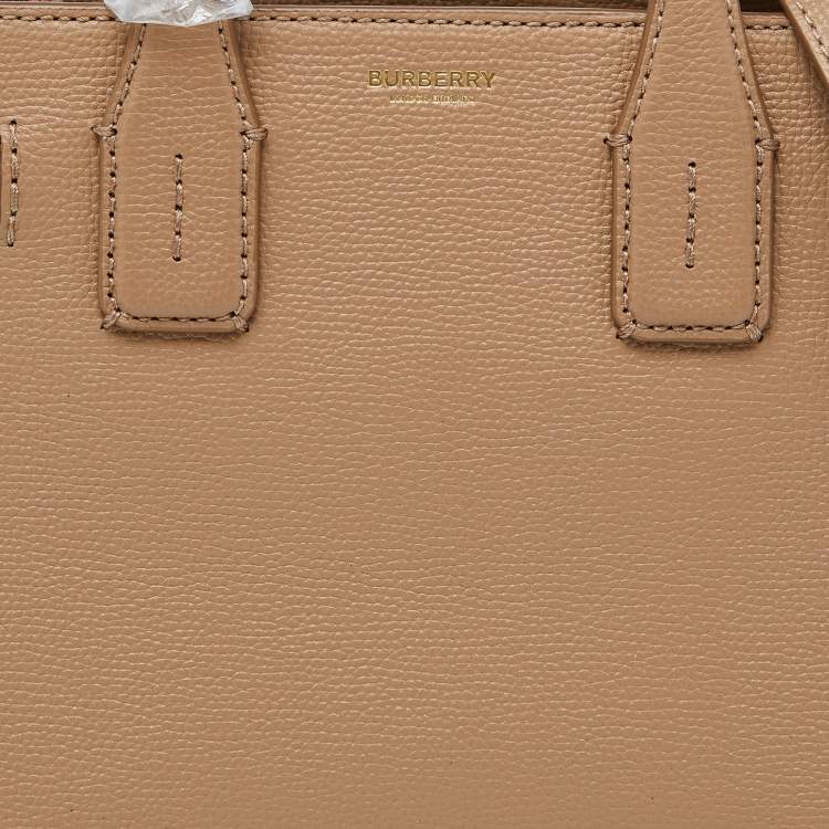 Pre Owned Burberry Beige Leather and House Check Fabric Small Banner Derby Tote