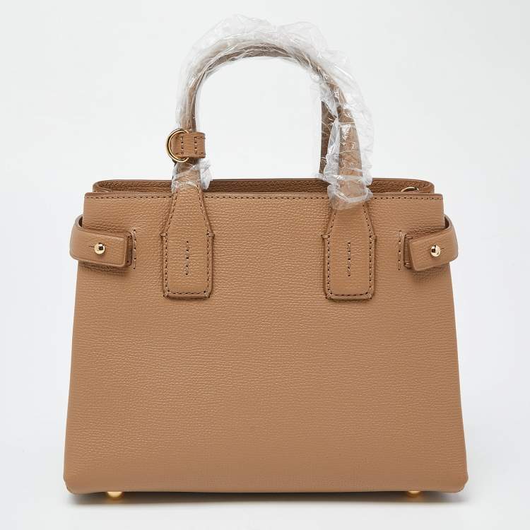 Pre Owned Burberry Beige Leather and House Check Fabric Small Banner Derby Tote