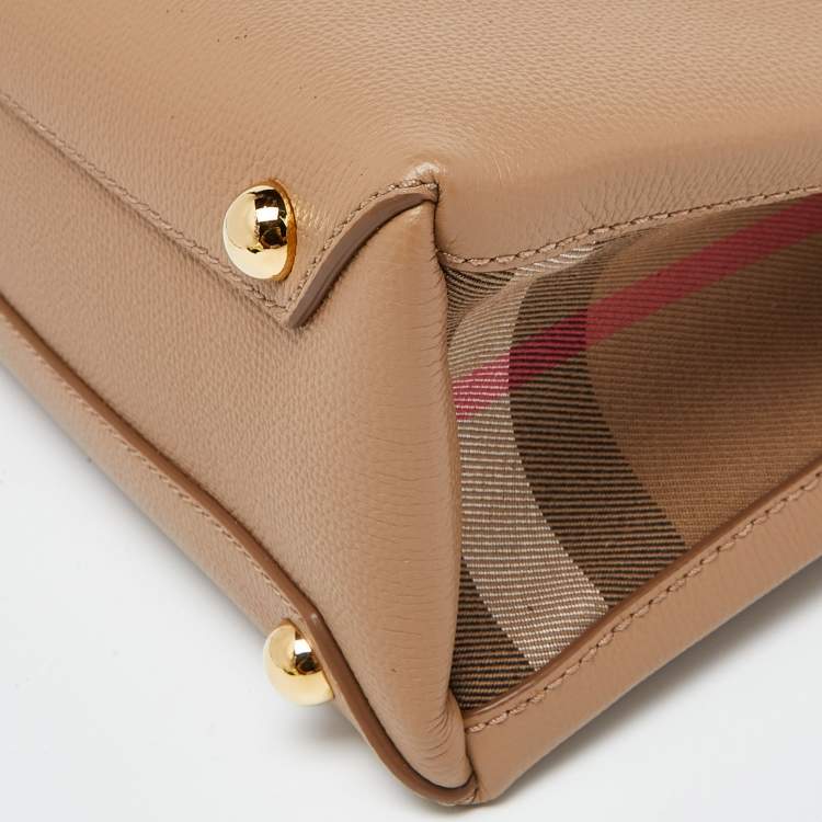 Pre Owned Burberry Beige Leather and House Check Fabric Small Banner Derby Tote