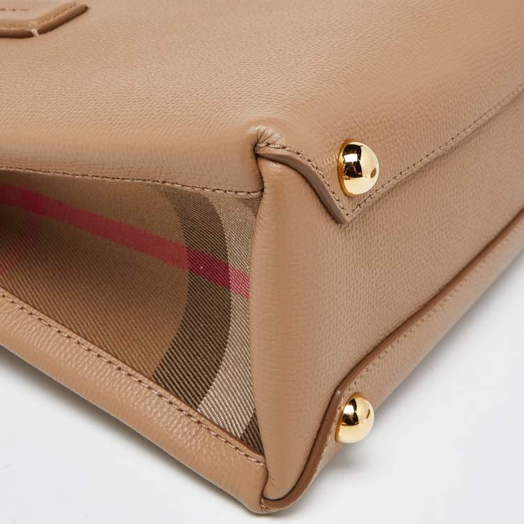 Pre Owned Burberry Beige Leather and House Check Fabric Small Banner Derby Tote